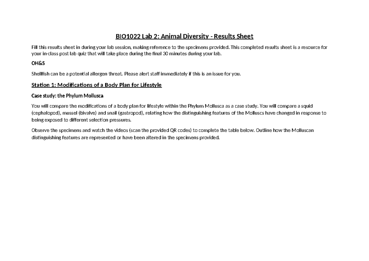 BIO1022 Lab 2 Animal Diversity Results Sheet 2024 Final - BIO1022 Lab 2 ...