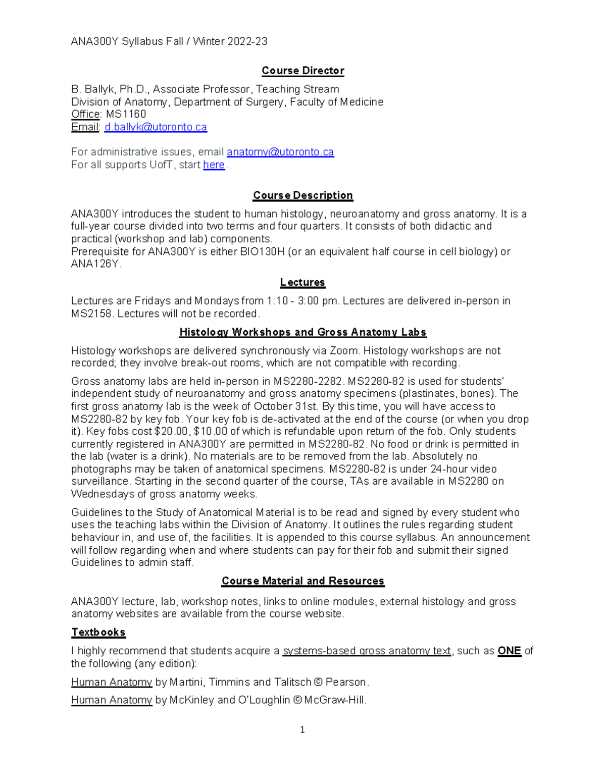 ANA300 Syllabus - notes - ANA300Y Syllabus Fall / Winter 2022- Course ...