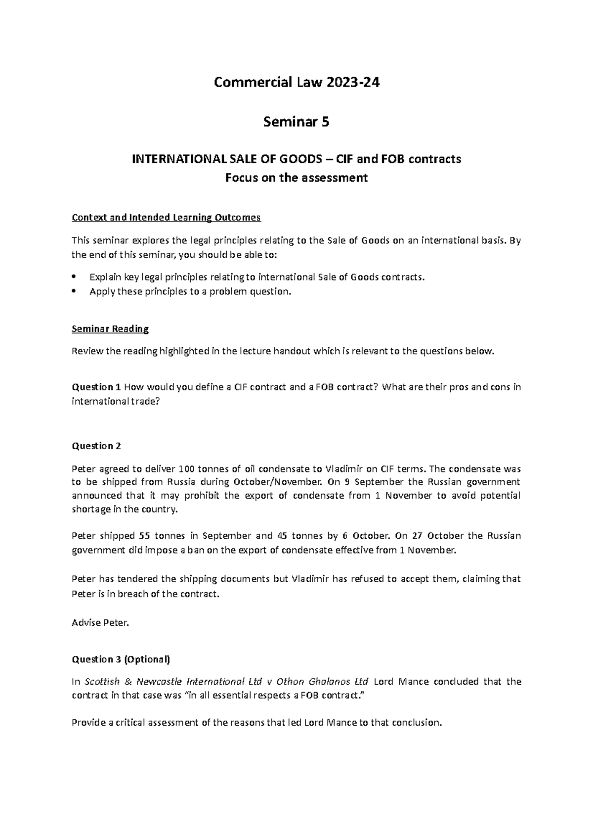Seminar 5 student handout International sale of goods - Commercial Law ...