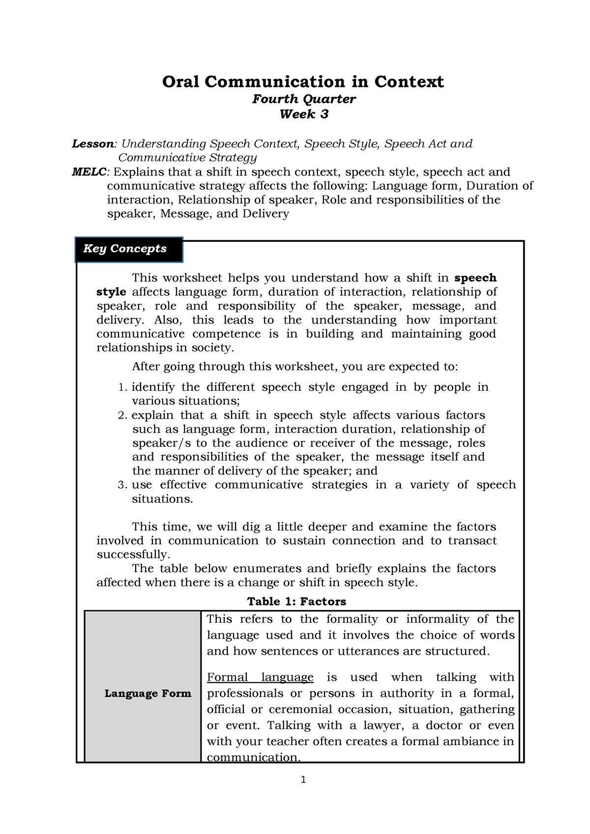 oral communication module speech act