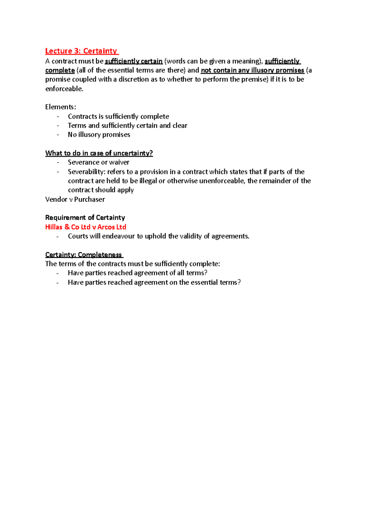 Lecture 3 (LAWS1015) [Certainty] - Lecture 3: Certainty A contract must ...