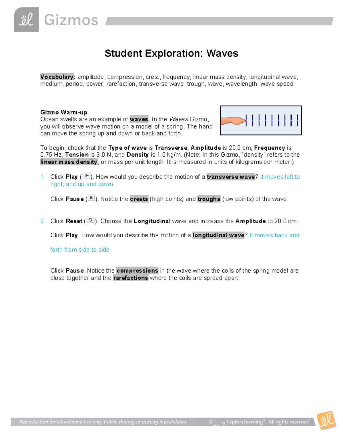 Waves Gizmos Assingment 2019 Student Exploration Waves Vocabulary amplitude, compression
