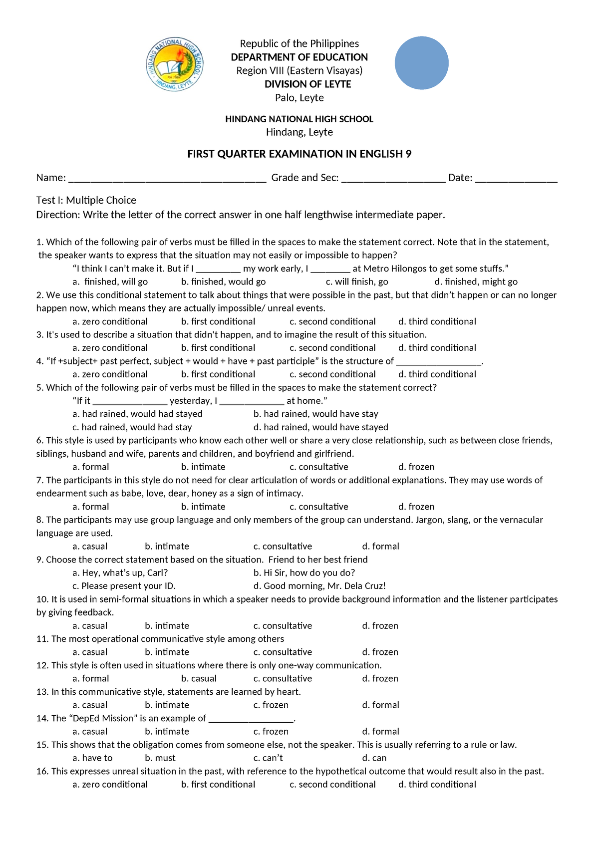 1st Quarter Exam - Examination - Republic Of The Philippines Department 