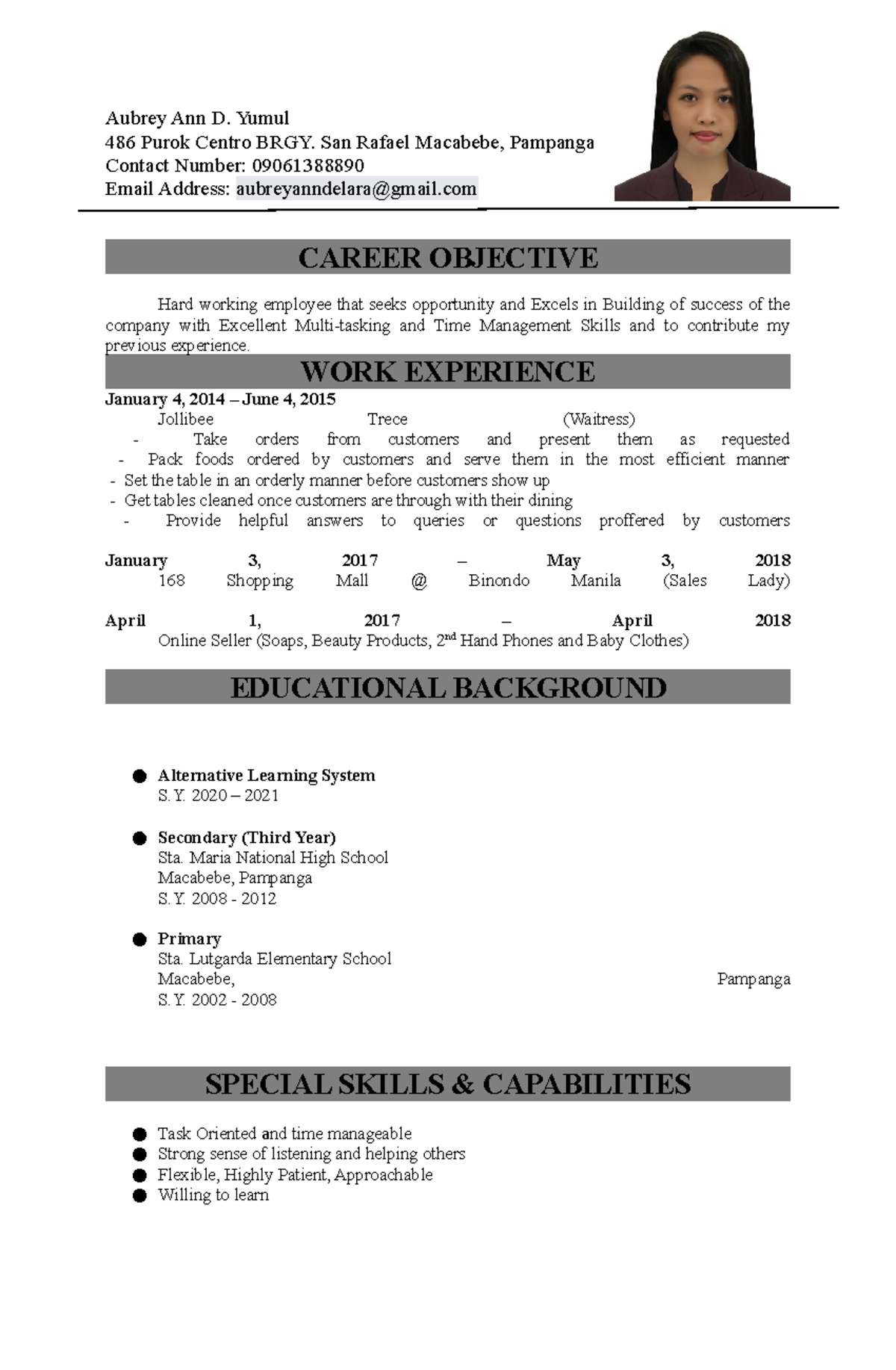 Aubreys-Resume - Steps - Aubrey Ann D. Yumul 486 Purok Centro BRGY. San ...