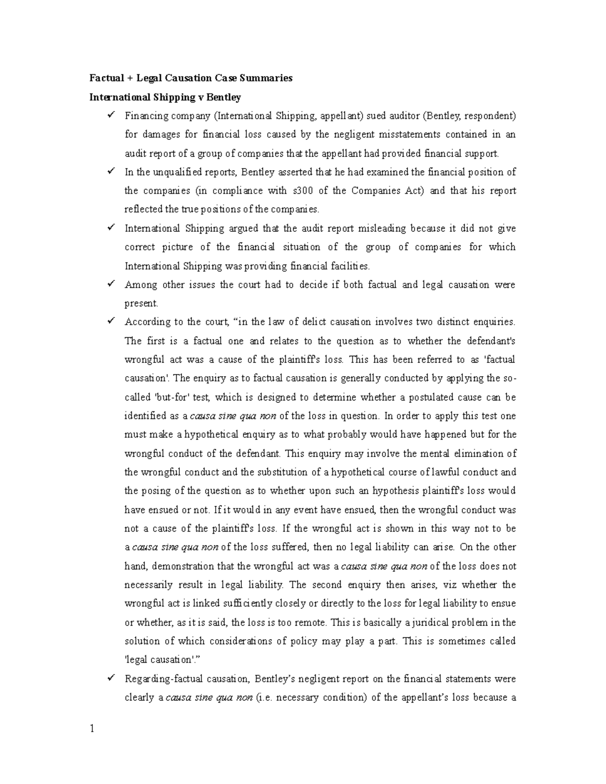 Delict Topic 6 Causation Case Summaries - Factual + Legal Causation ...