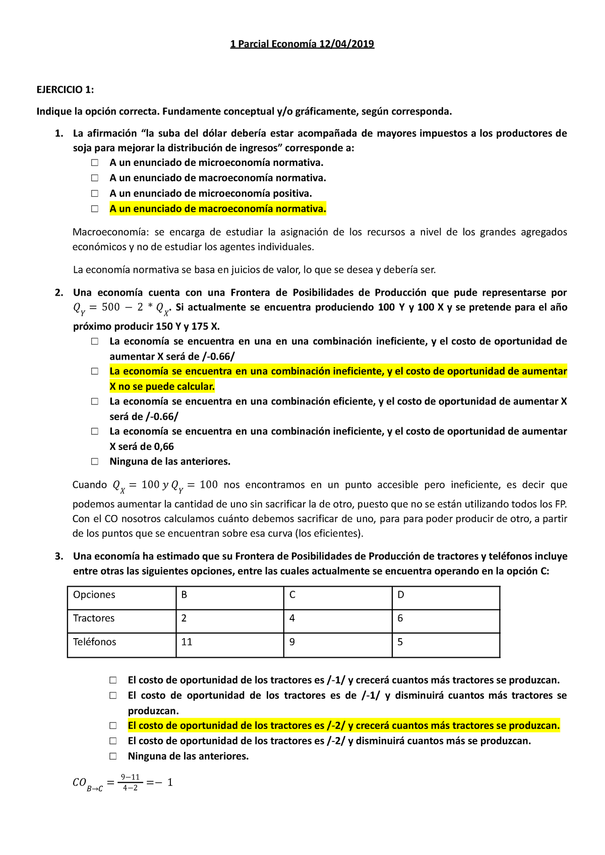 1 Parciales - 1 Parcial Economía 12/04/ EJERCICIO 1: Indique La Opción ...