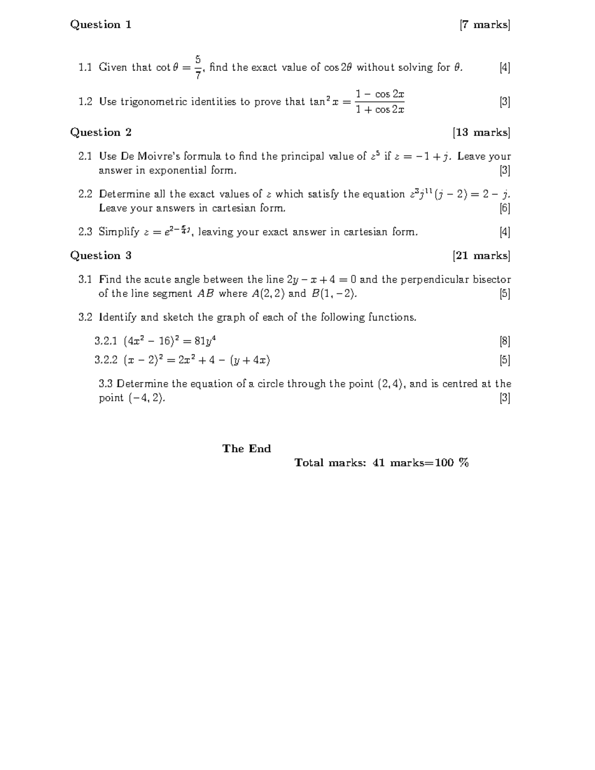 ENM510S Test 2 2020 - Question 1 [7 marks] 1 Given that cot θ = 57 ...