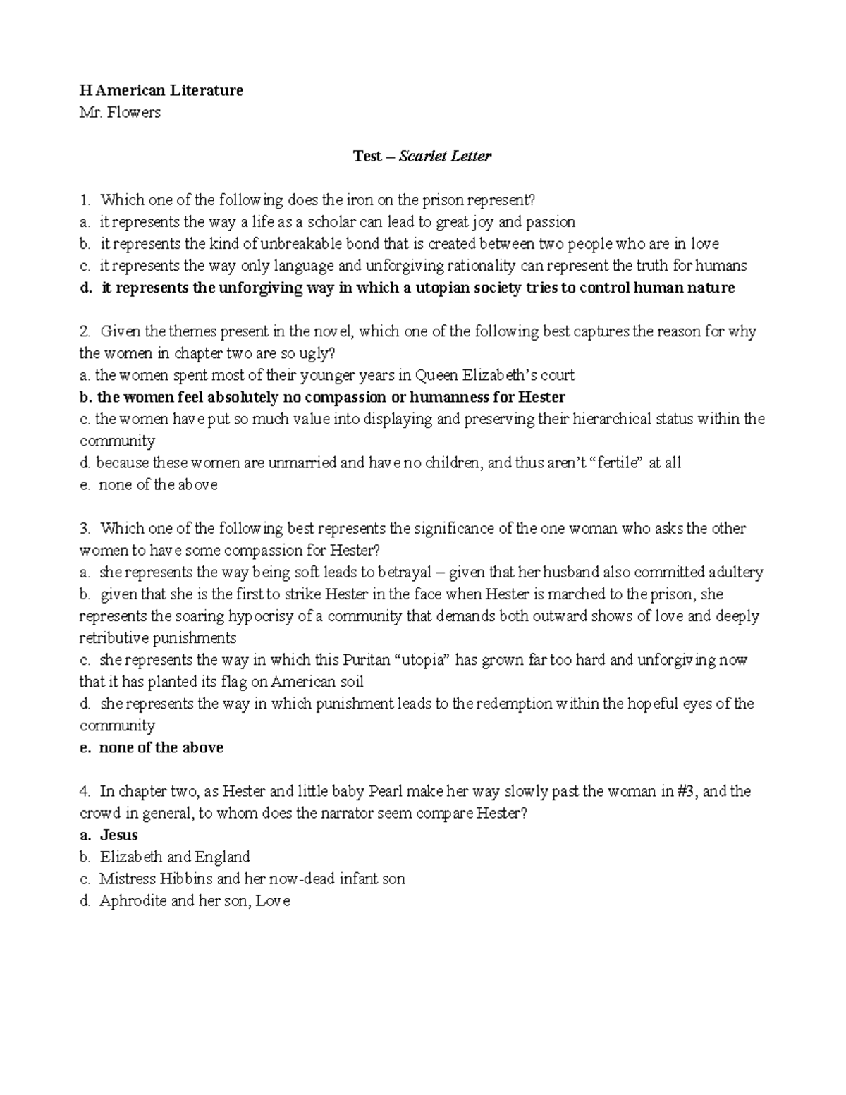 '22 Scarlet Letter Answers Test 2 H American Literature Mr