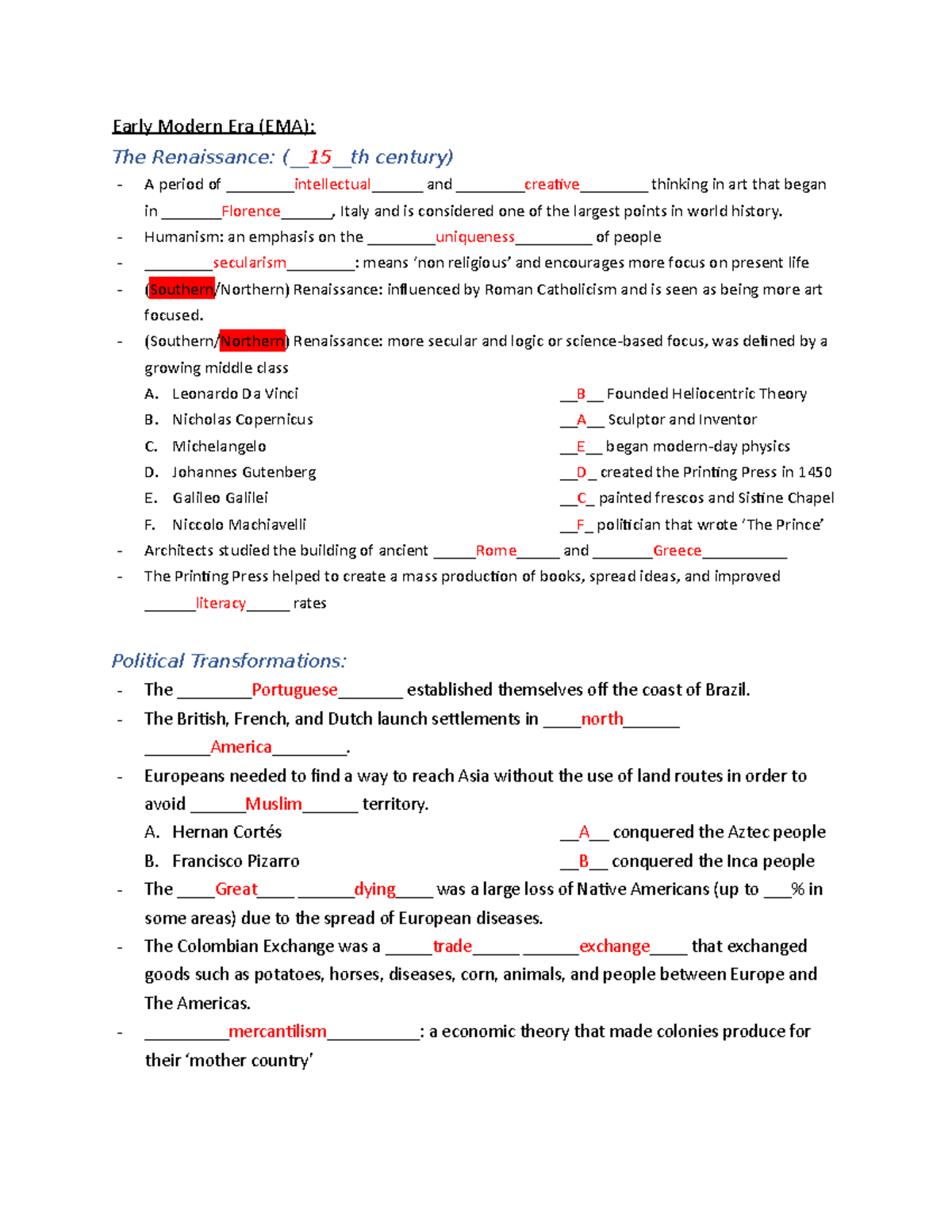 Early Modern Era Study Guide - Early Modern Era (EMA): The Renaissance