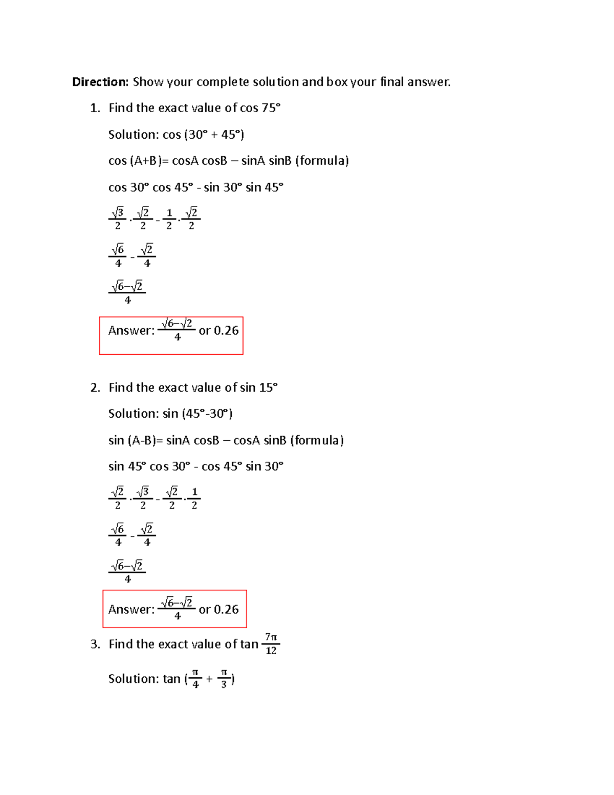 Assignment 12 Pre Cal - computation show your complete solution and box ...