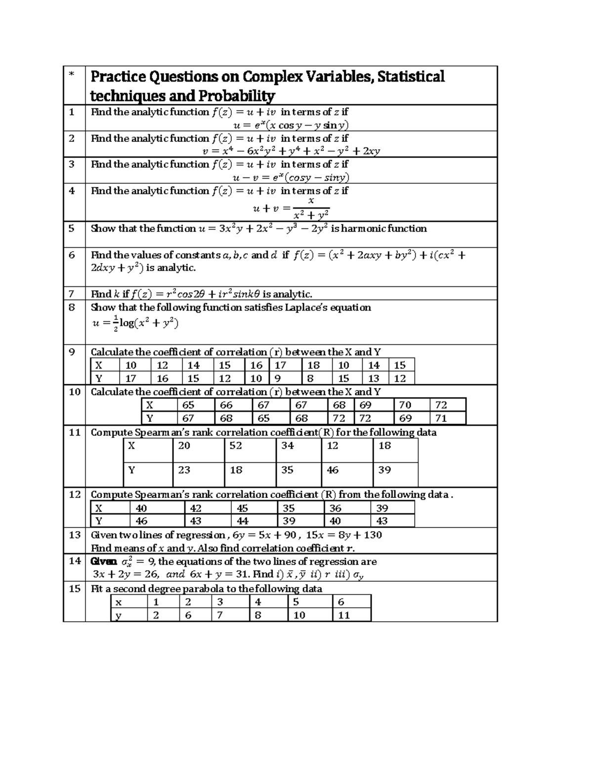 Practice Questions Complex Variables, Statistical Techniques and ...