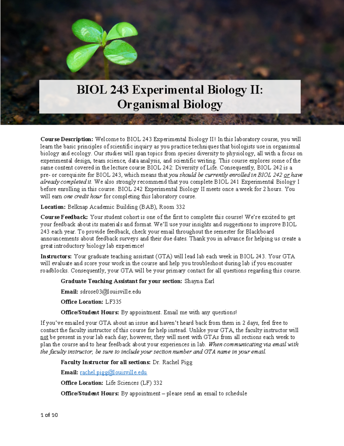 BIO 243 Syllabus - Course Description: Welcome to BIOL 243 Experimental ...