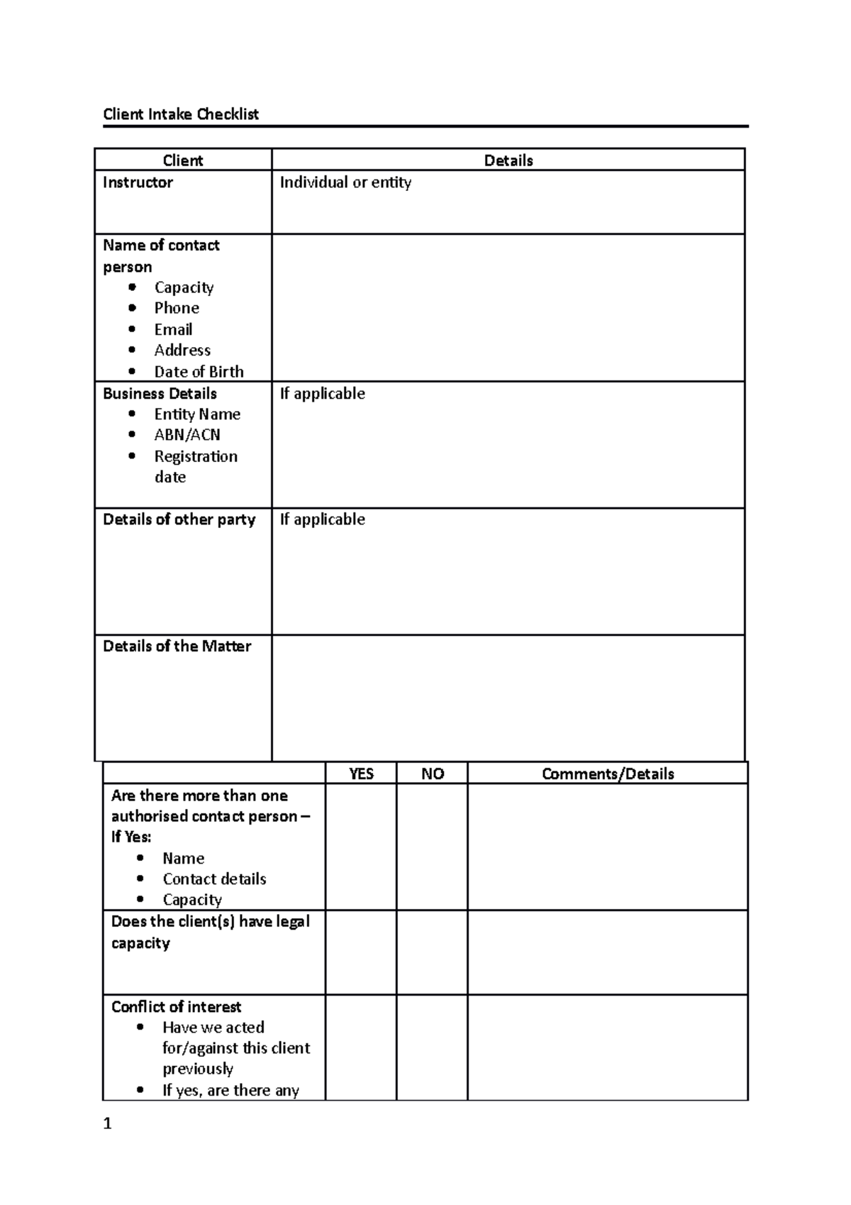 Client Intake Checklist - Commercial -Task T1 - Client Intake Checklist ...