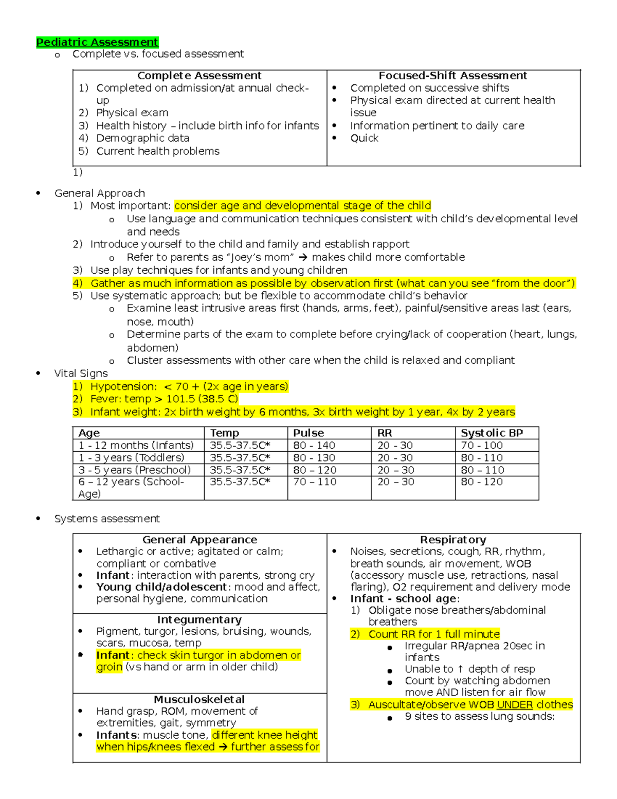 Peds Exam 1 Outline - Pediatric Assessment o Complete vs. focused ...