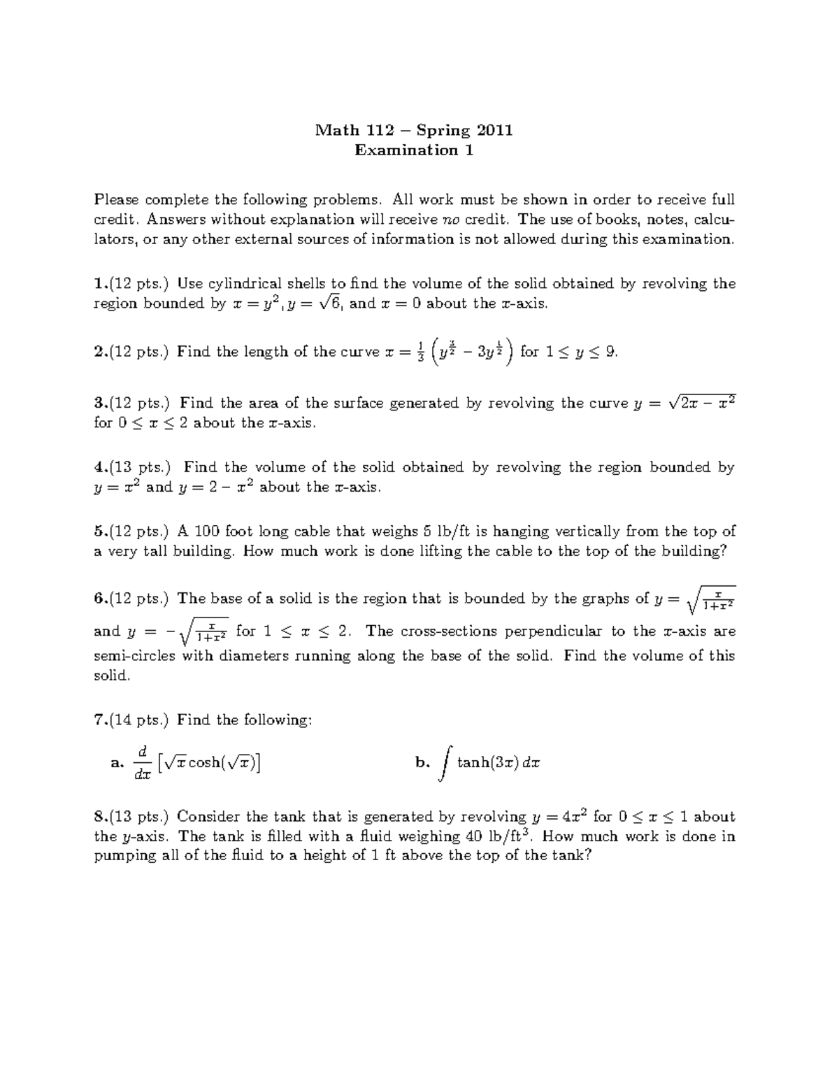 Math 112 Exam I - Spring 2011 - Math 112 – Spring 2011 Examination 1 ...