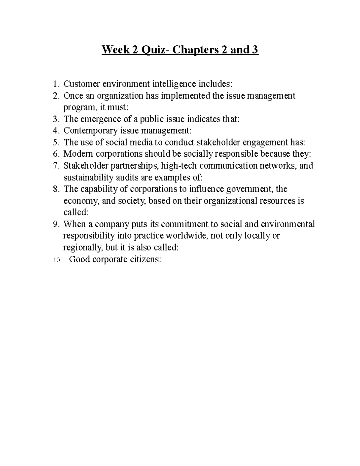 Week 2 Quiz -Business and Society - Week 2 Quiz- Chapters 2 and 3 ...