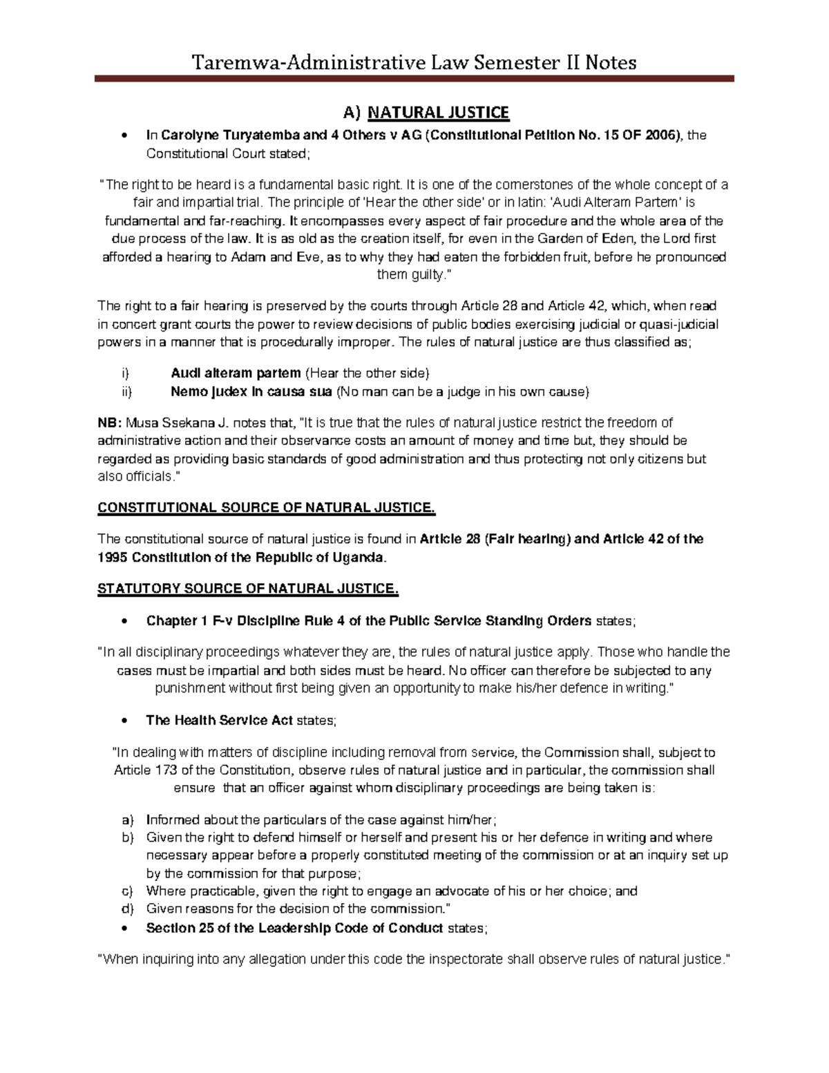 Natural Justice Taremwa Notes Law Semester II Notes A) NATURAL