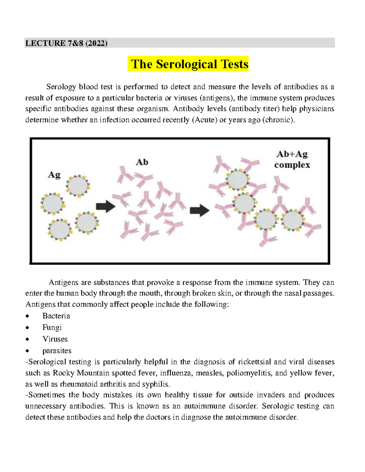 Clinical analyzes Lecture 7-8 (-) - LECTURE 7&8 (2022) The Serological ...