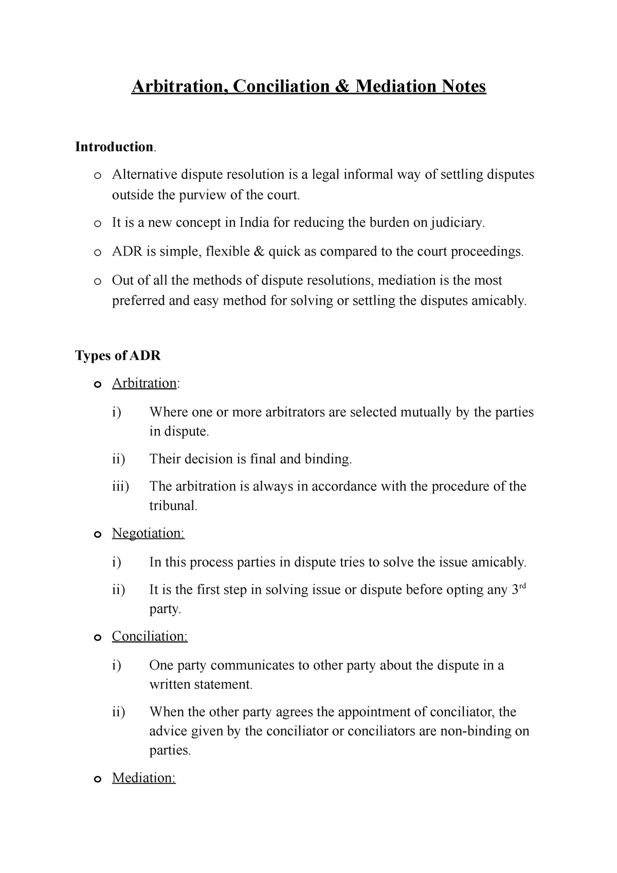 Adr Notes Arbitration Conciliation And Mediation Notes Introduction O