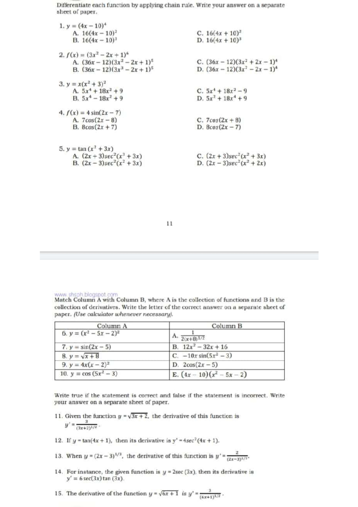 Basic Calculus Chain Rule Differentiate each function applying chain