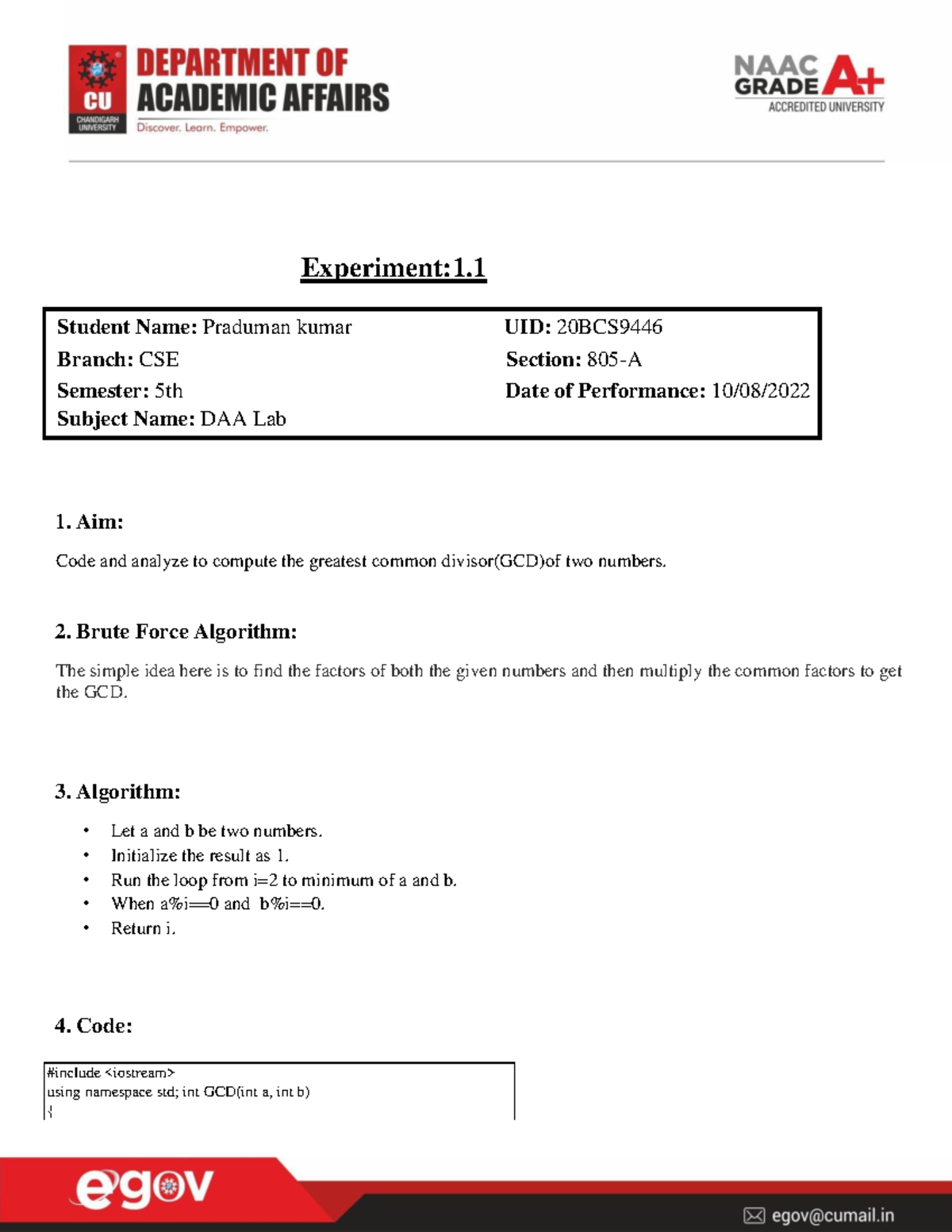 Praduman 20BCS9446 DAA EXP 1 - Experiment:1. Student Name: Praduman ...