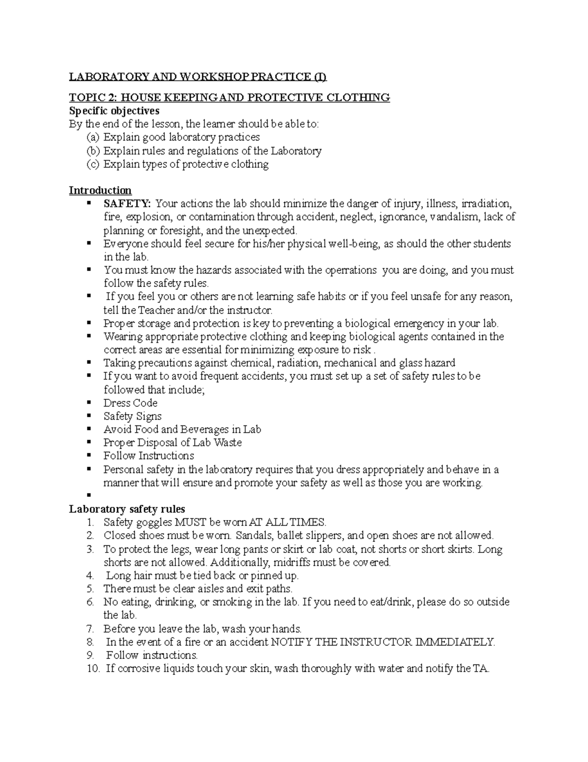 Topic 2 House Keeping and Protective clothing notes - LABORATORY AND ...