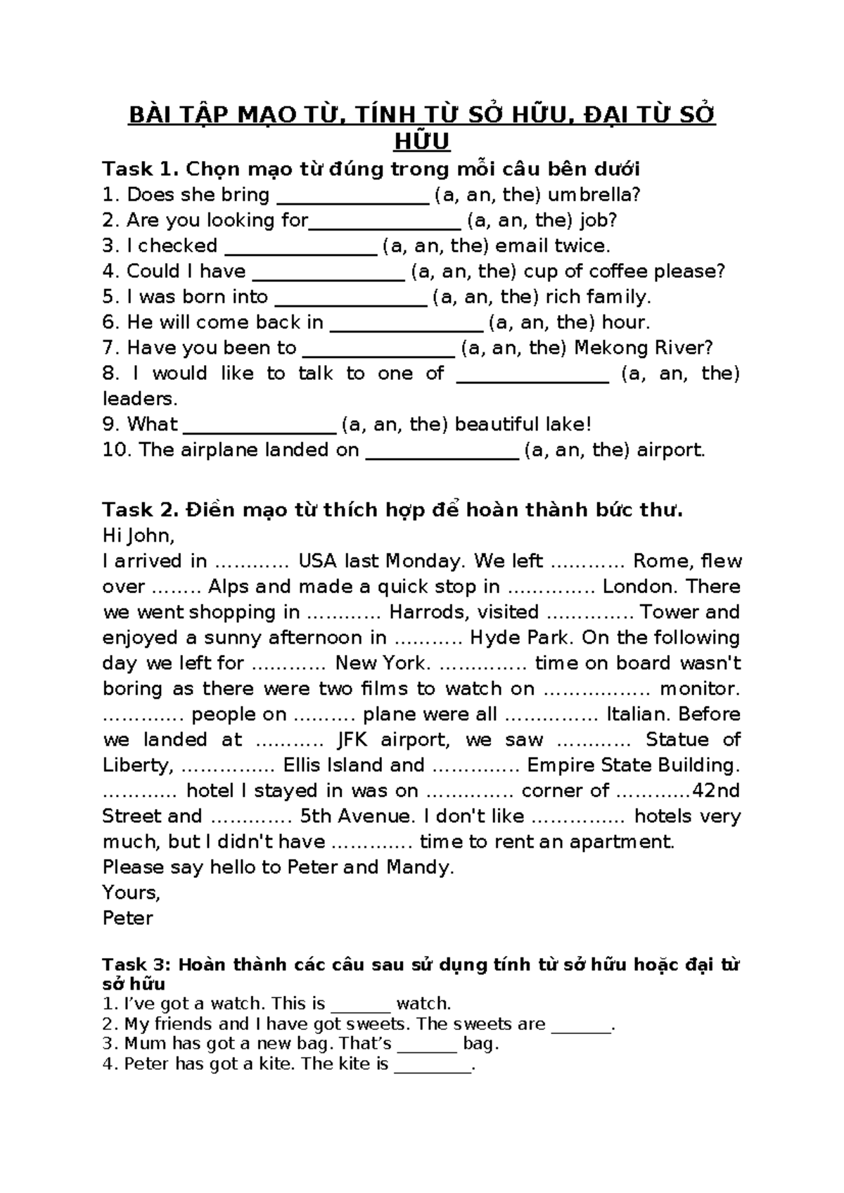 Mạo từ, TTSH, ĐTSH Gfhbv BÀI TẬP MẠO TỪ, TÍNH TỪ SỞ HỮU, ĐẠI TỪ SỞ