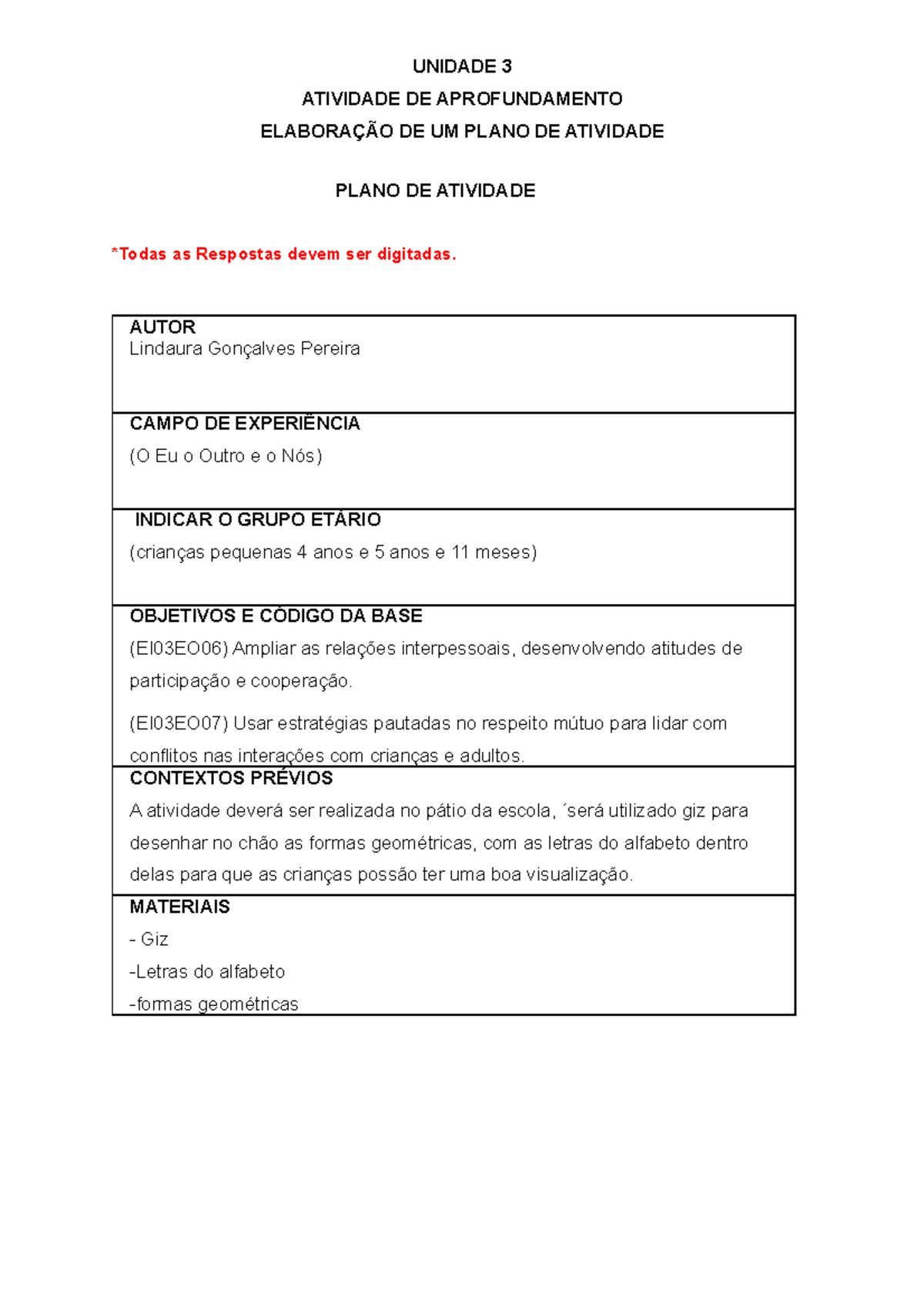 Prática de Ensino em Educação Infantil - Modelo Atividade III - Plano ...