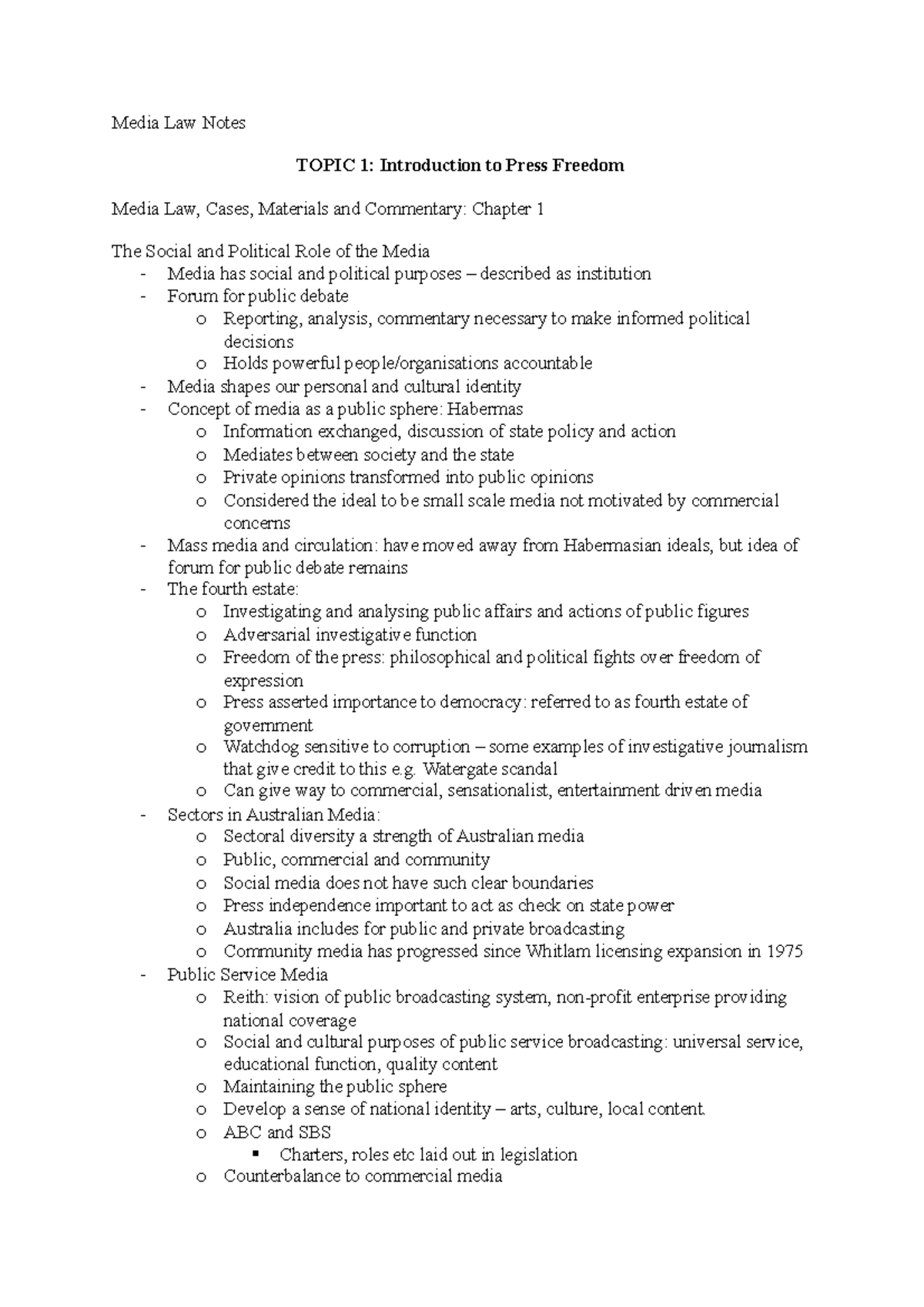 Media Law Notes Media Law Notes TOPIC 1 Introduction to Press
