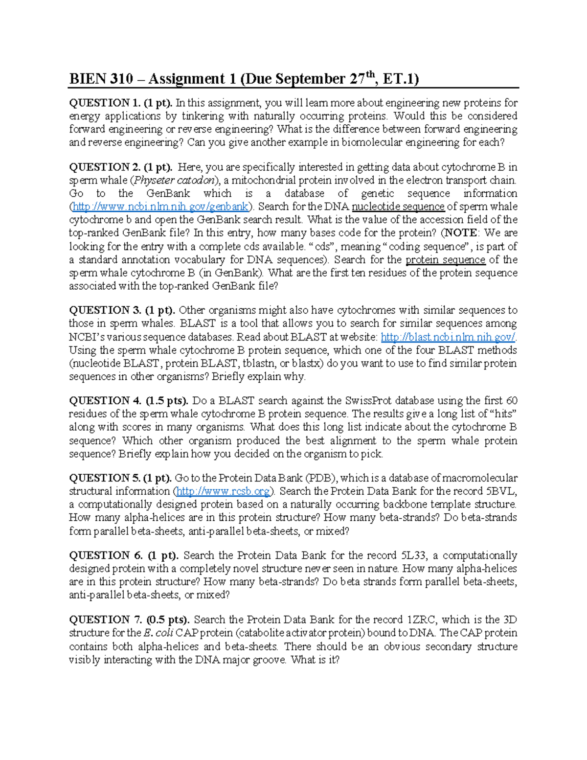 BIEN 310 - A1 - Professor: Brandon Xia - BIEN 310 – Assignment 1 (Due ...