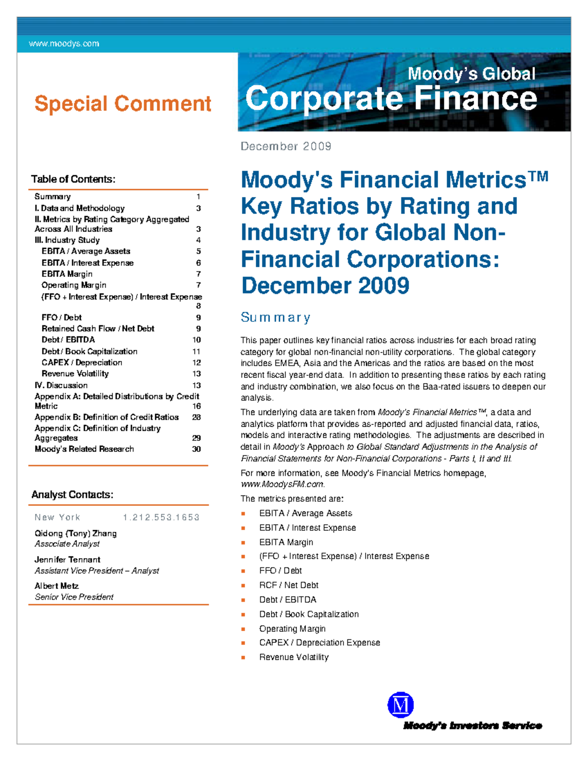 Moody rating for non financial industry moodys Corporate Finance