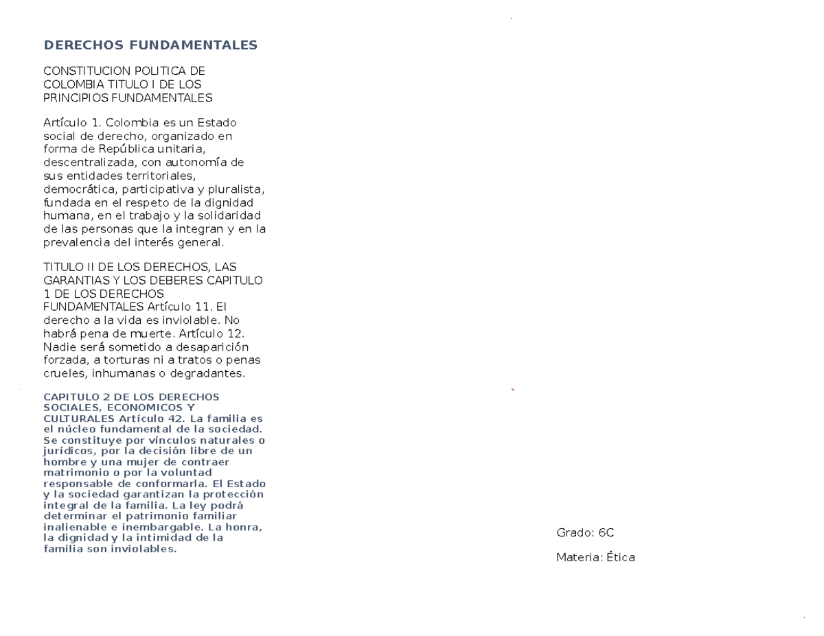 Derechos Fundamentales DERECHOS FUNDAMENTALES CONSTITUCION POLITICA