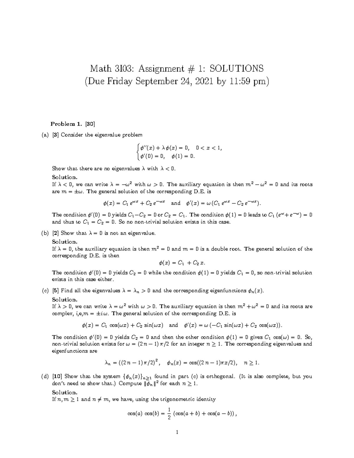 Math 3I03 Assignment 1 Solutions - Math 3I03: Assignment # 1: SOLUTIONS ...
