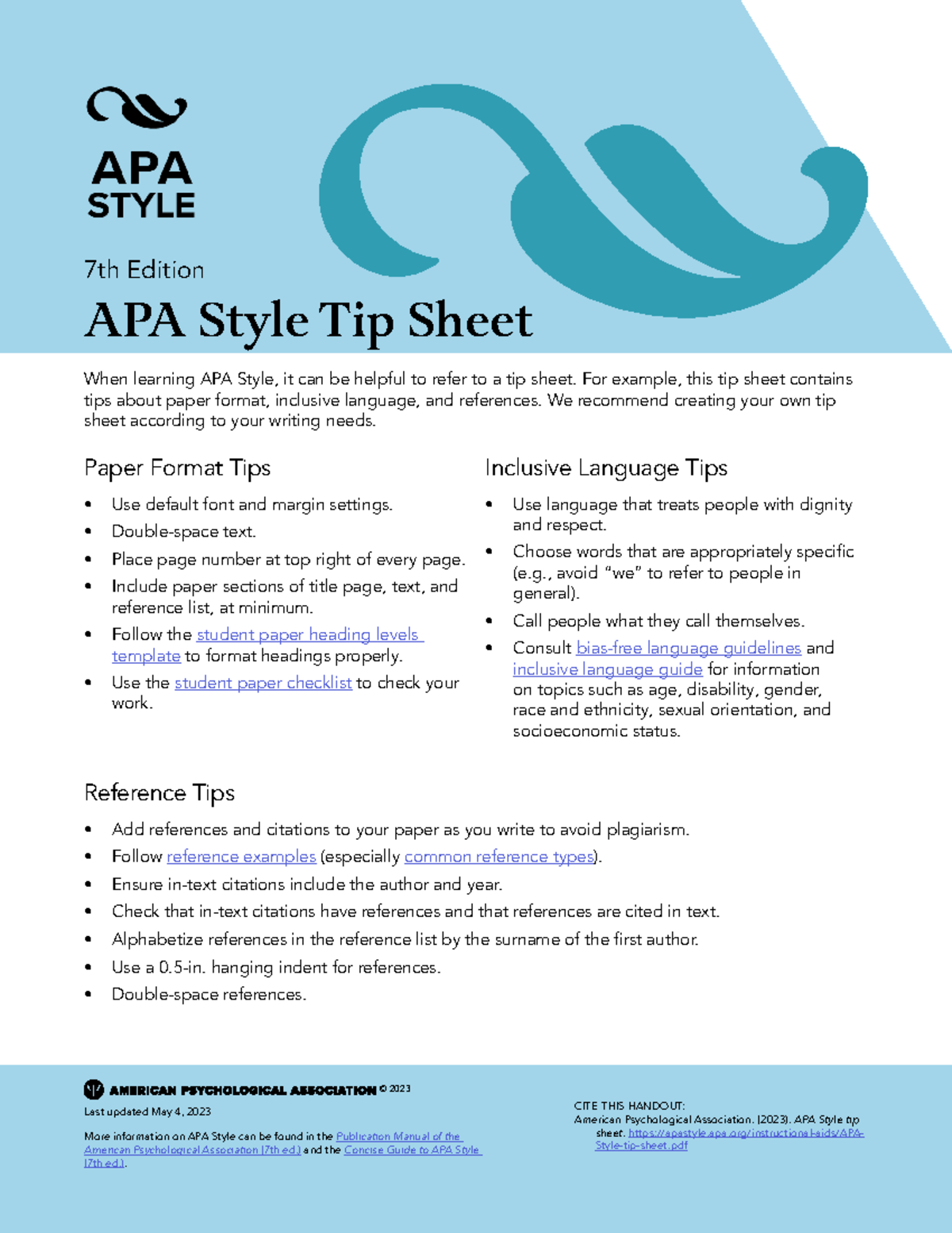 Apa style tip sheet Rules 7th Edition APA Style Tip Sheet When learning APA Style, it can be