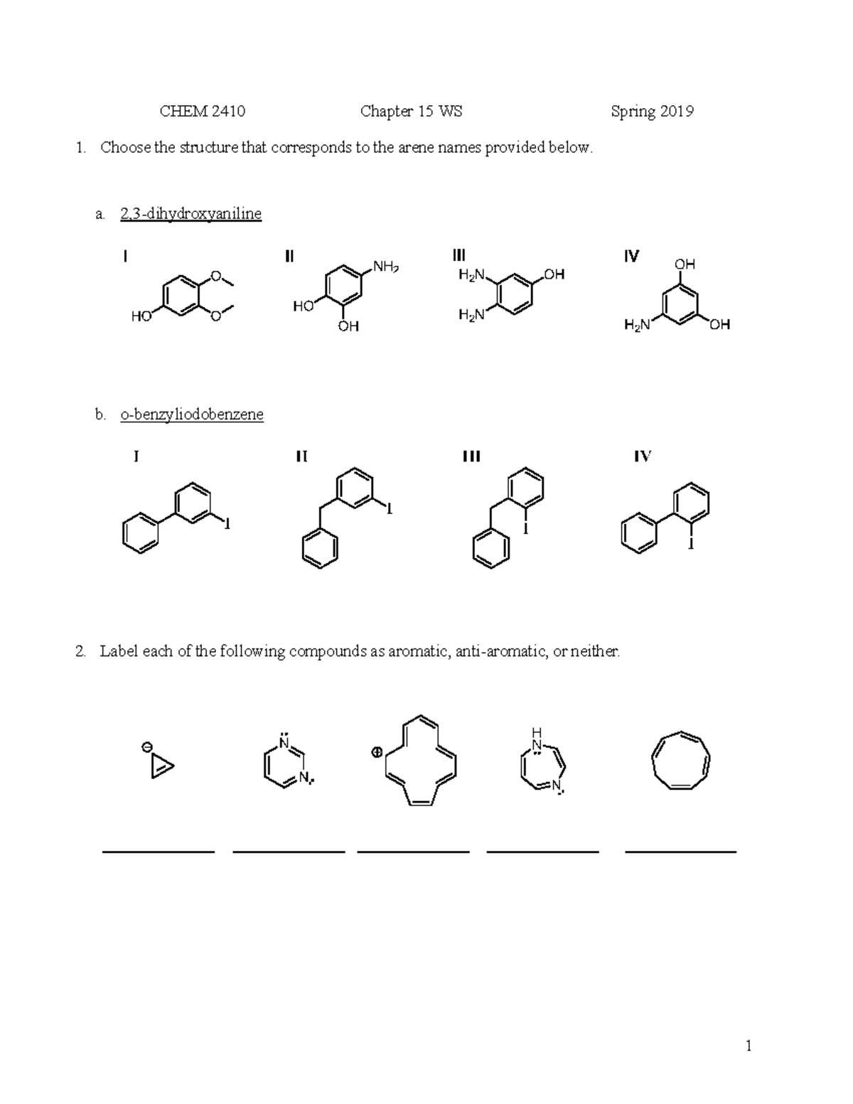 Chapter 15 Workshop 1 - CHEM 2410 Chapter 15 WS Spring 2019 Choose the ...