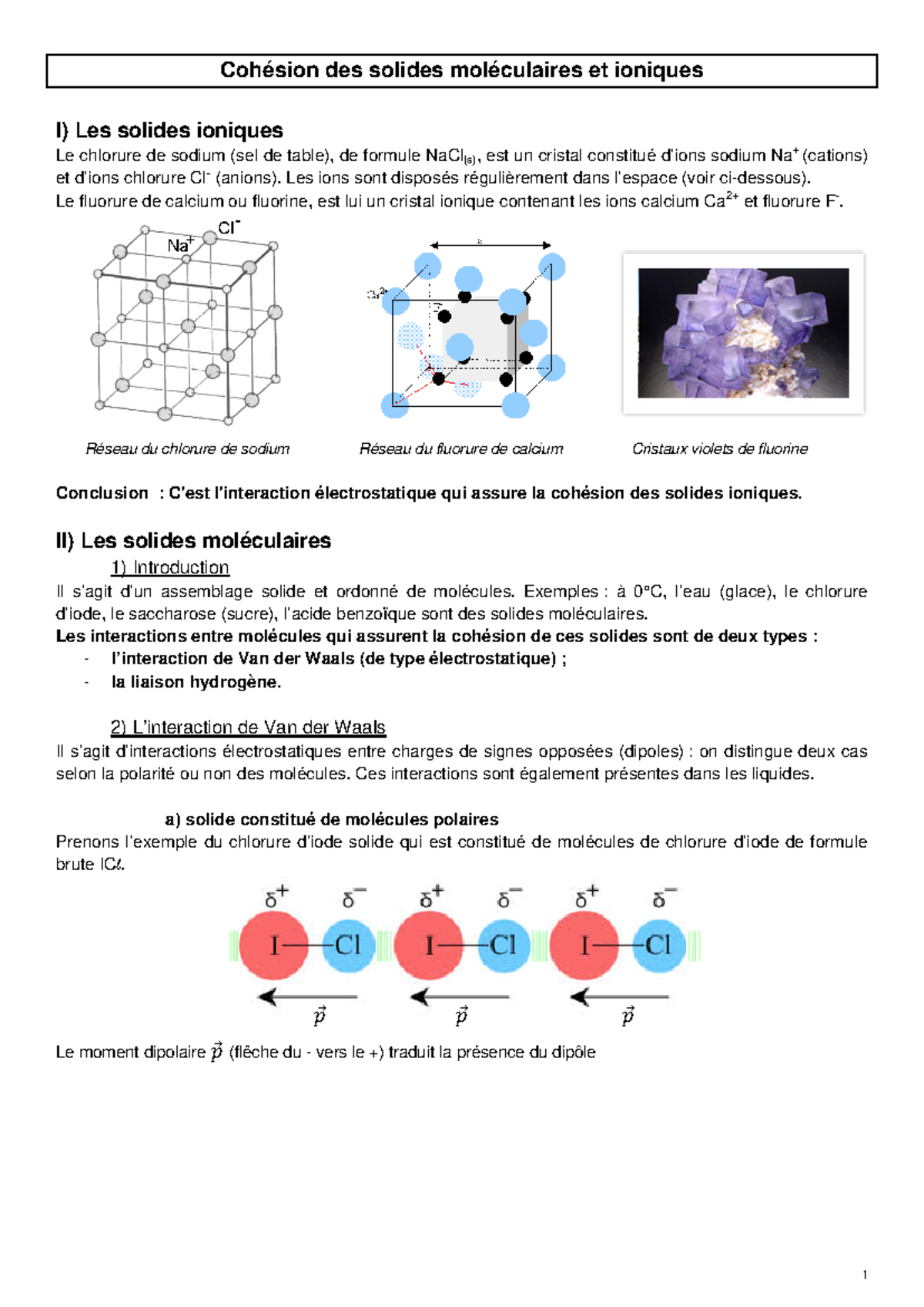 Cours 2020 cohésion des solides ioniques et moléculaires - 1 Cohésion ...