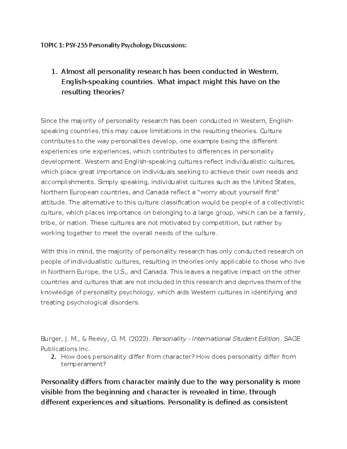 Topic 1 Personality Psychology Discussions TOPIC 1 PSY255