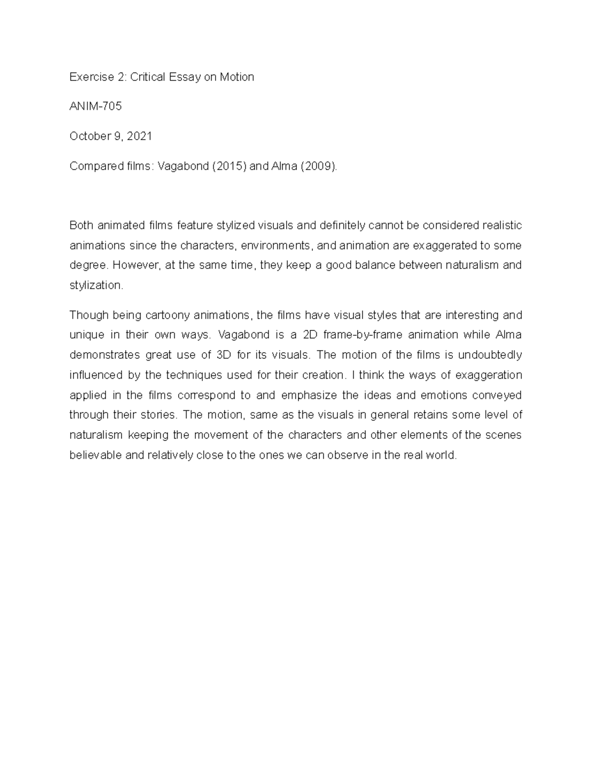 Exercise 2 Critical Essay on Motion Exercise 2 Critical Essay on