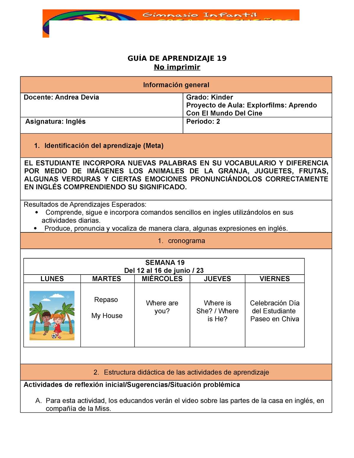 GUIA SEM 19 Inglés Grado Kinder - GUÍA DE APRENDIZAJE 19 No Imprimir ...