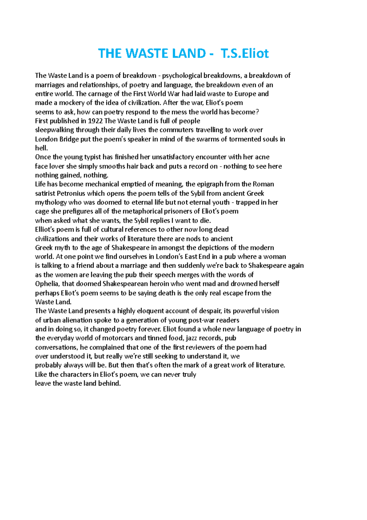 THE Waste LAND Eliot Elliott itsself THE WASTE LAND T.S The