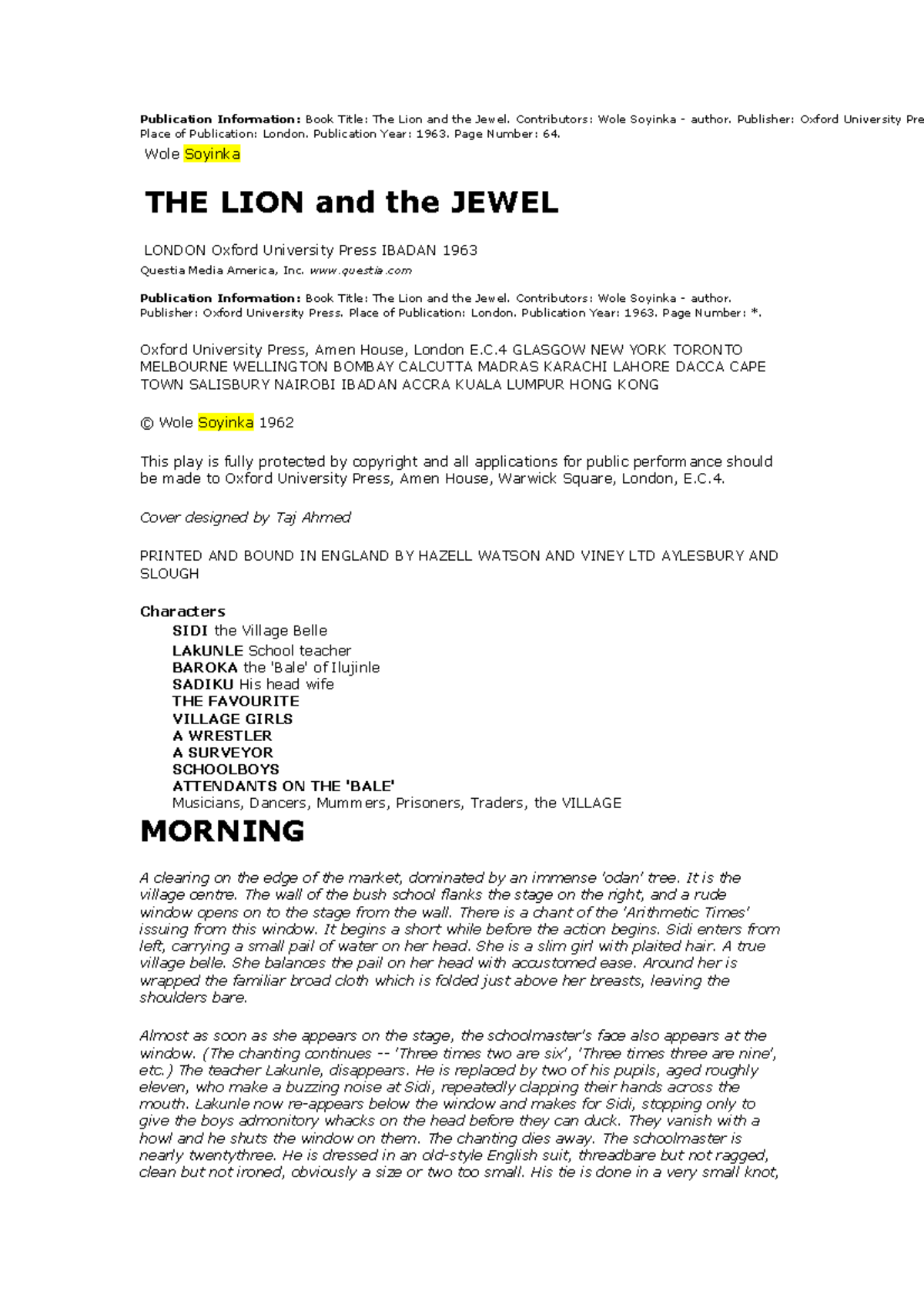 The Lion and the Jewel by Wole Soyinka 1 Publication Information