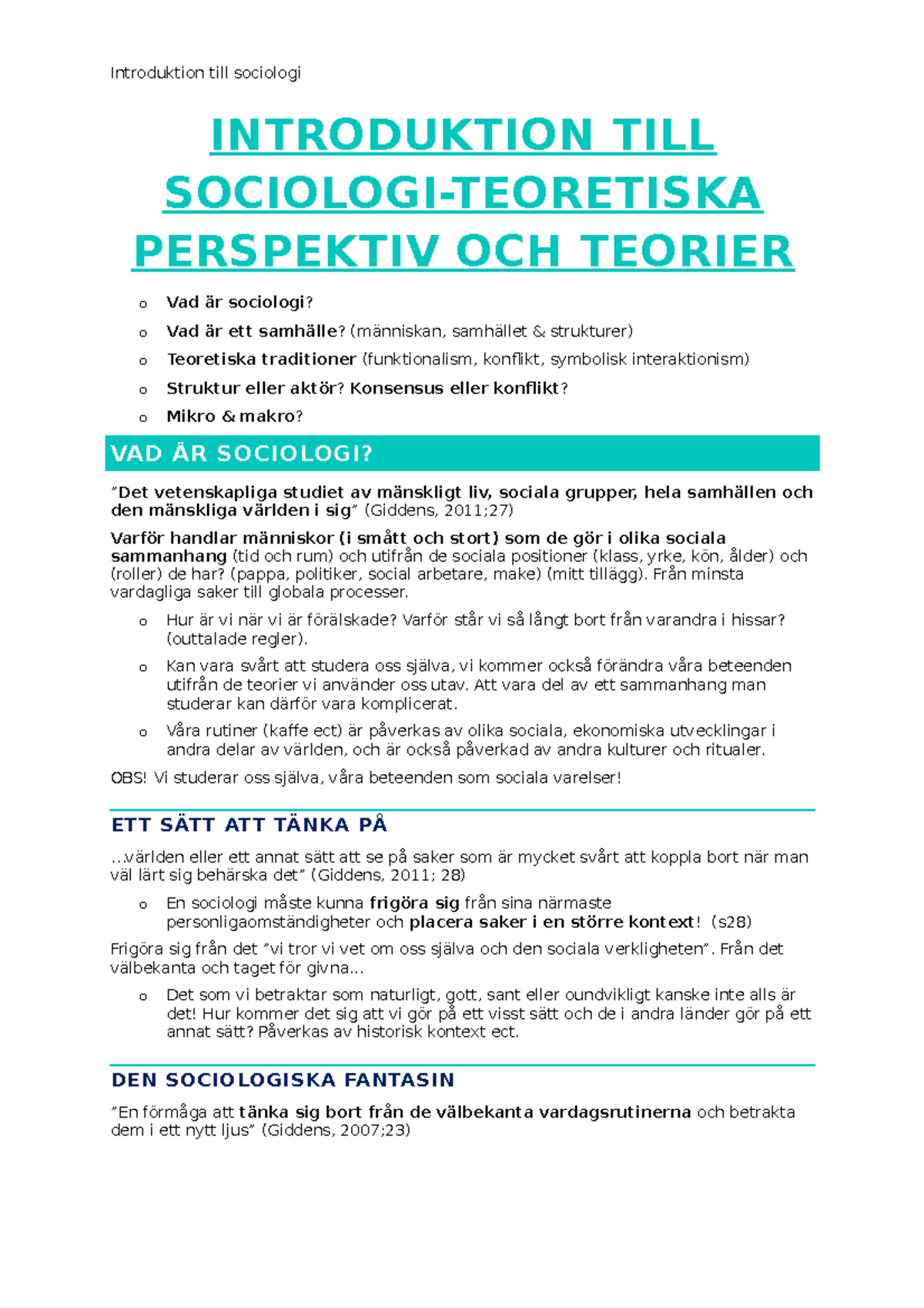 Introduktion Till Sociologi (F) - INTRODUKTION TILL SOCIOLOGI ...