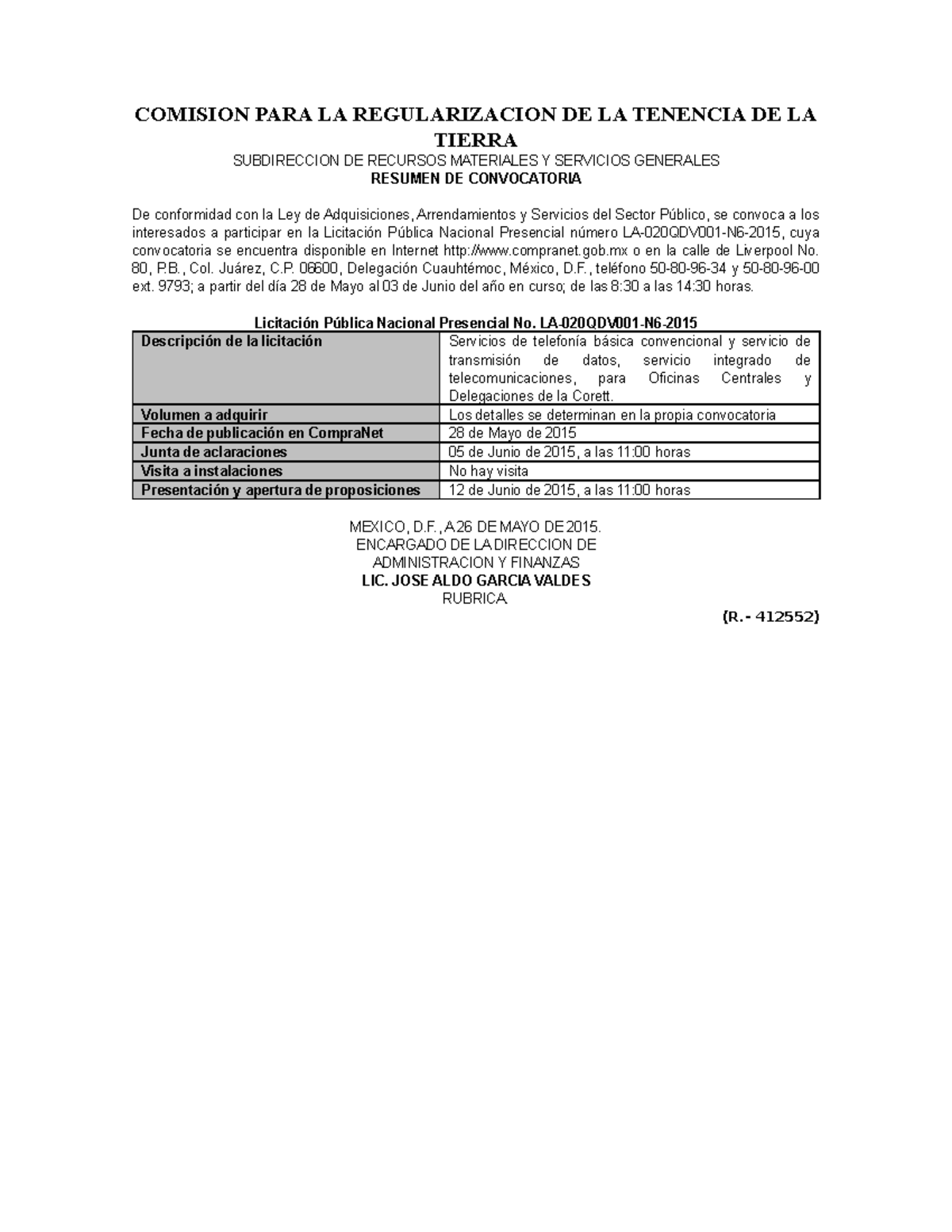 2015 05 28 MAT 412552 - COMISION PARA LA REGULARIZACION DE LA TENENCIA