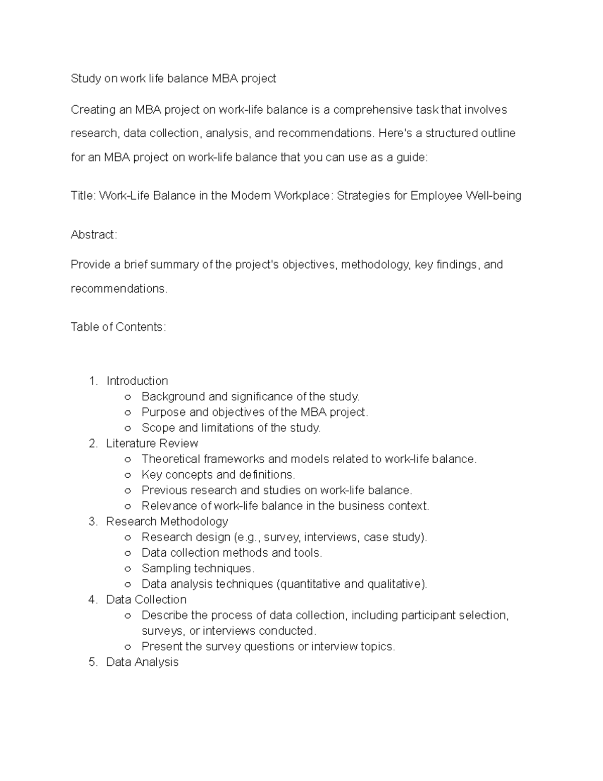 Study on work life balance MBA project key points - Study on work life ...