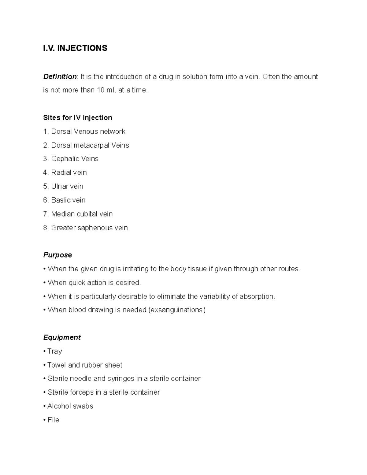 IV Injections I. INJECTIONS Definition It is the introduction of a
