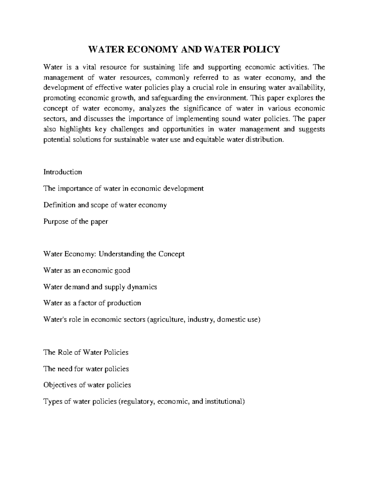 Water Economy AND Water Policy WATER ECONOMY AND WATER POLICY Water