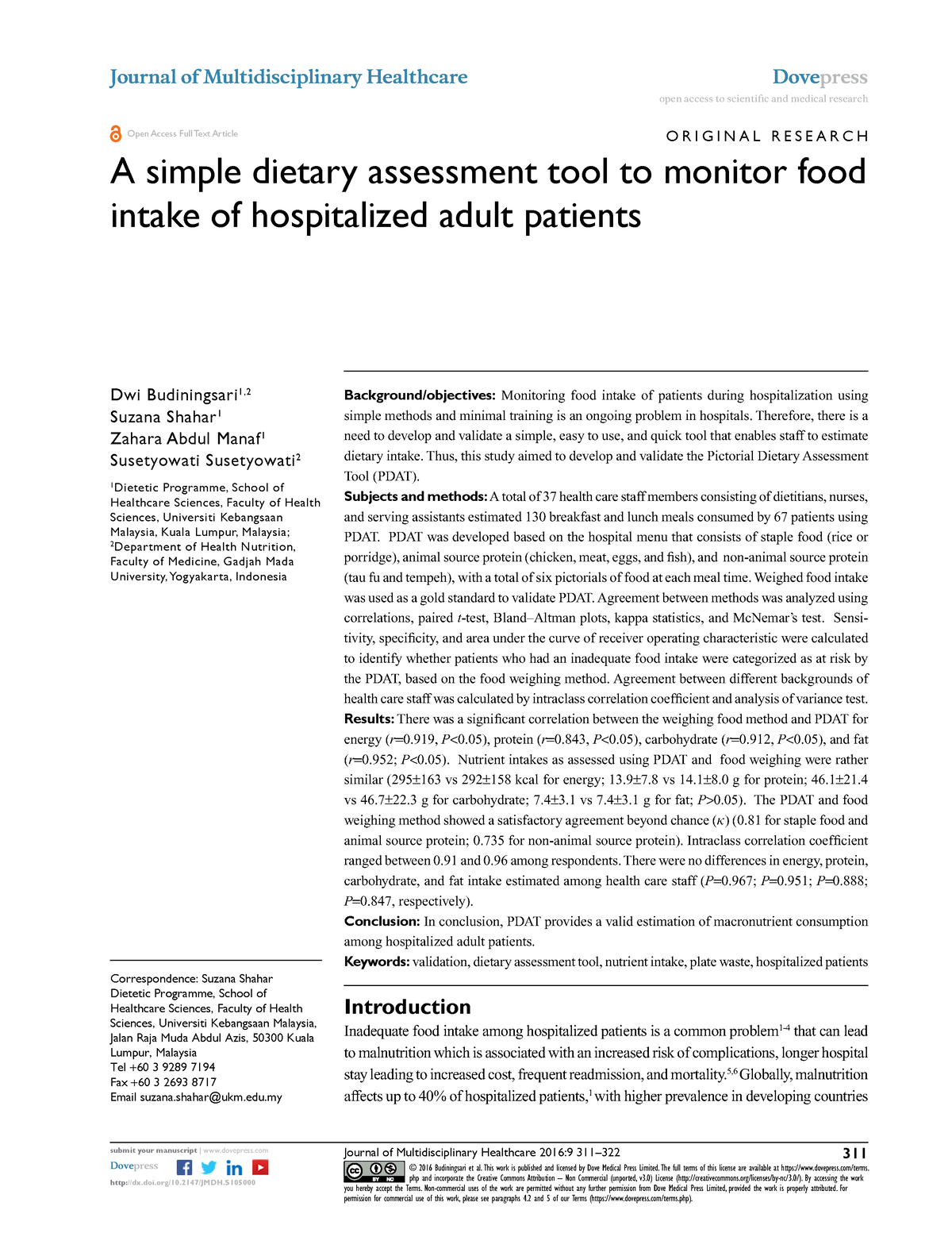 A Simple Dietary Assessment Tool To Monitor Food Intake Of Hospitalized ...