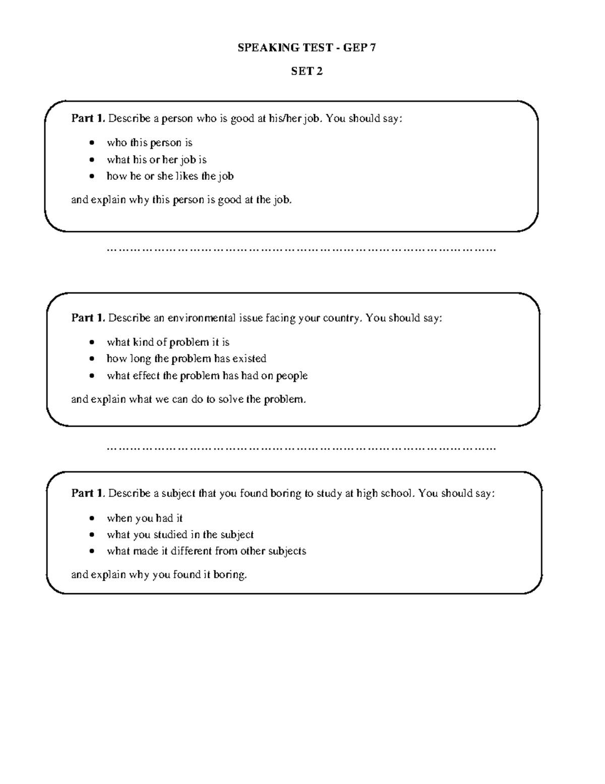 Speaking - GEP7 - Students - Set 2 - SPEAKING TEST - GEP 7 SET 2 Part 1 ...