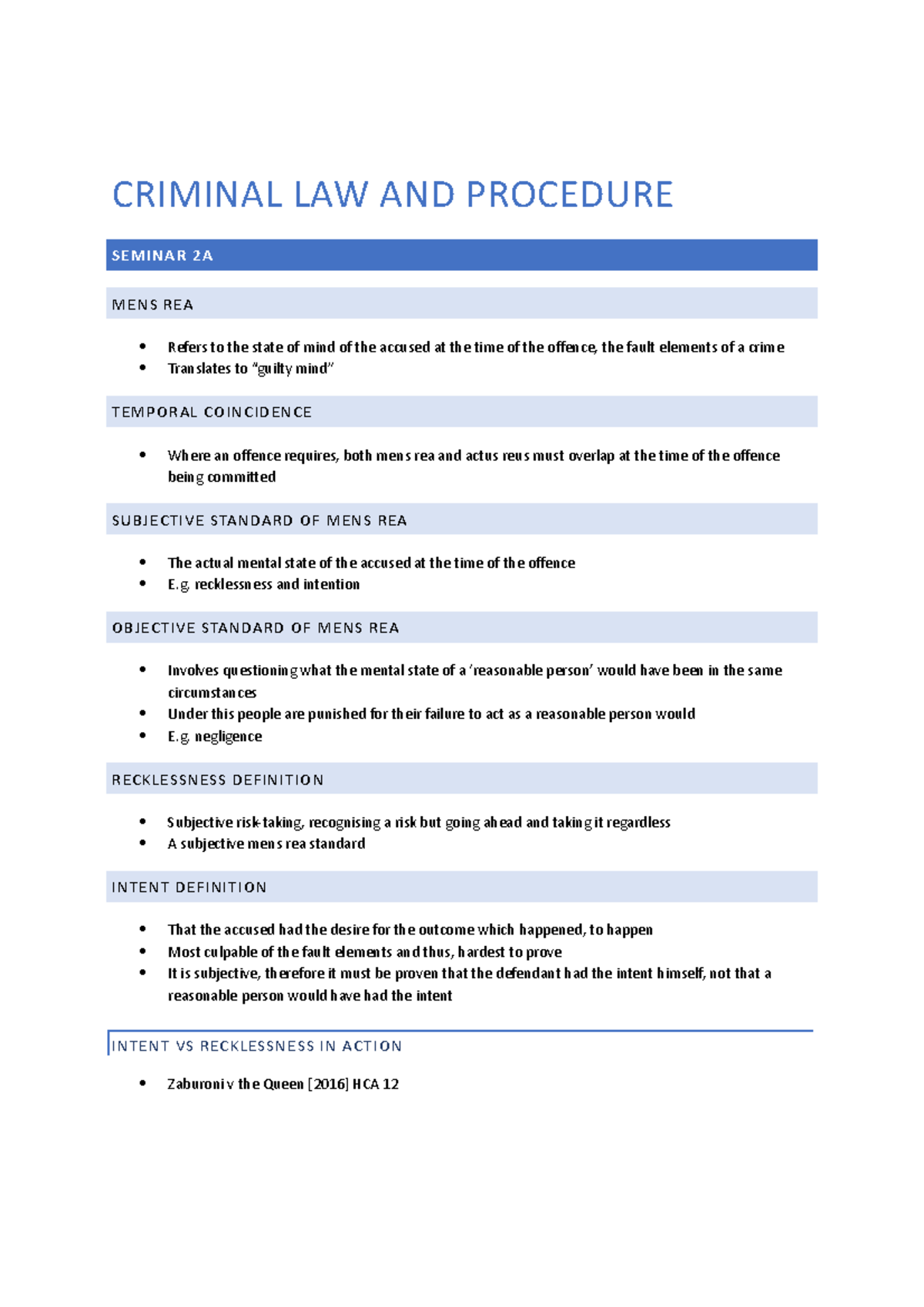 Criminal Law And Procedure Seminar 2a Mens Rea Standards Recklessness