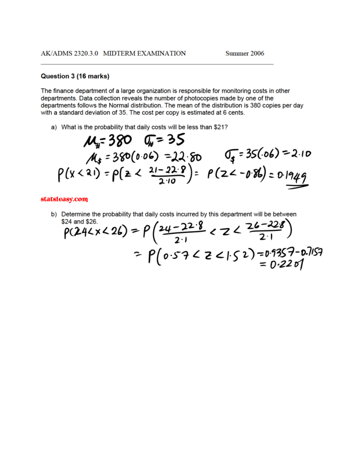 Exam Summer 2009, questions and answers - 2320.3 MIDTERM EXAMINATION ...